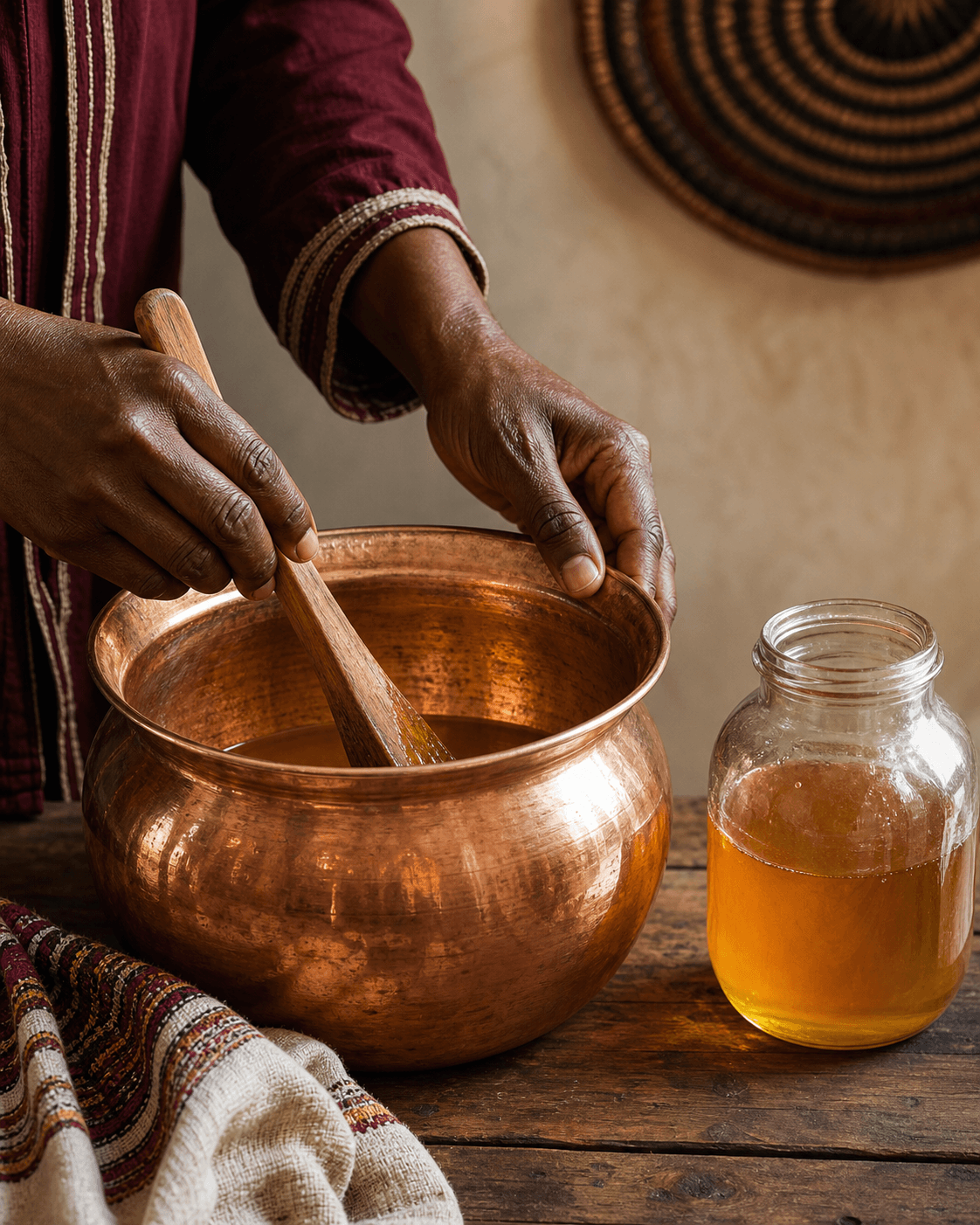 Hands carefully preparing a small batch of honey wine
